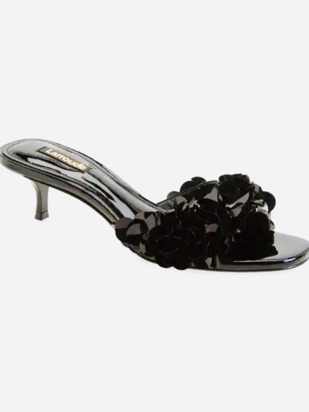 Larroude Greta Disco Mule 9.5 Black Patent Floral Disc Kitten Heel Sandals NWOB